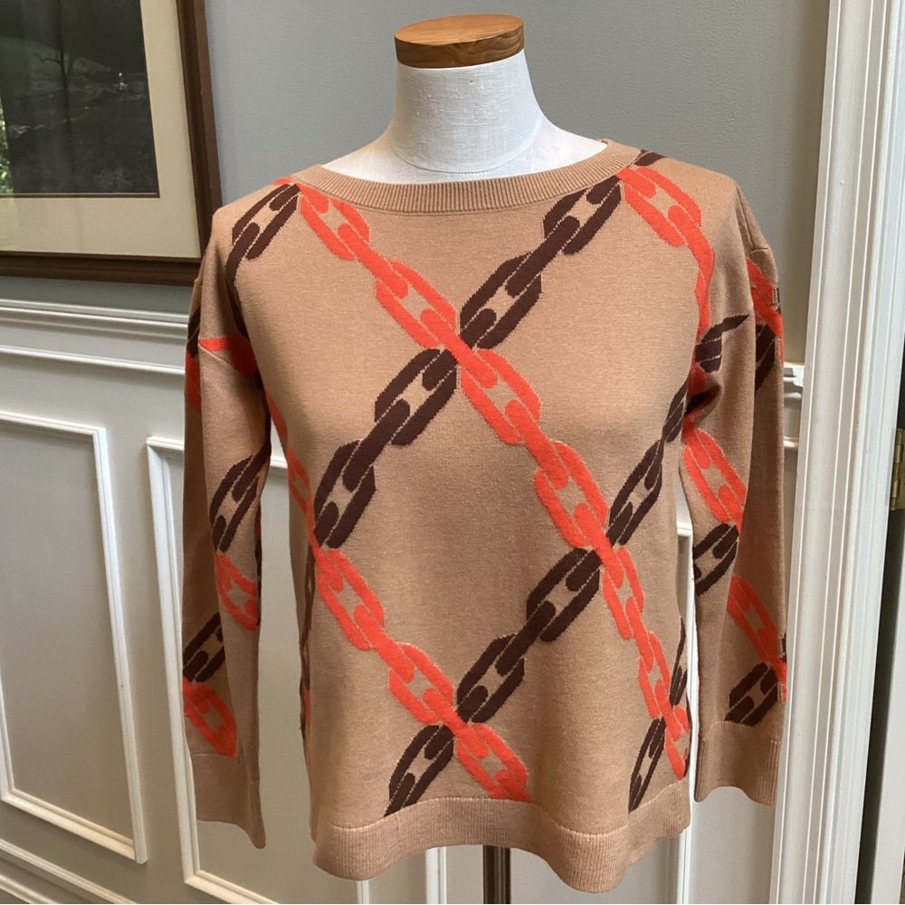 Talbots Tan and Orange Crew Neck Sweater with Chain Pattern